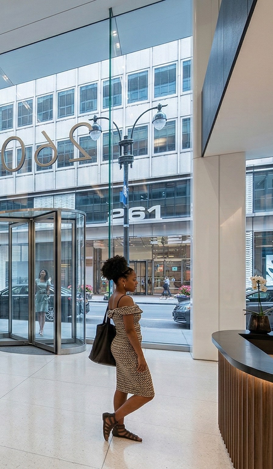 The renovated, high-ceiling lobby of 260 Madison Avenue in Midtown Manhattan, featuring a modern reception desk and views of the 261 Madison entrance across the street.