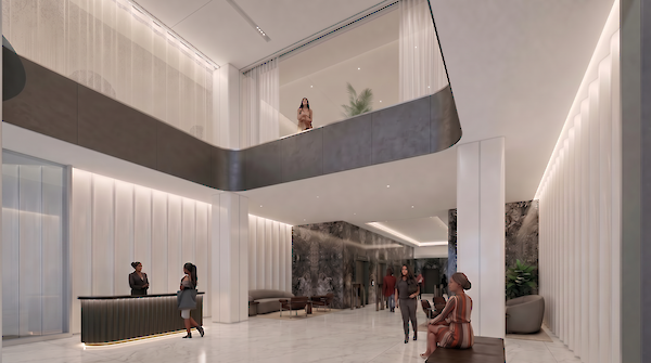 The expansive, reimagined lobby at 260 Madison Avenue features double-height ceilings, premium white marble finishes, and a sophisticated mezzanine—setting a new standard for office arrivals in Midtown.