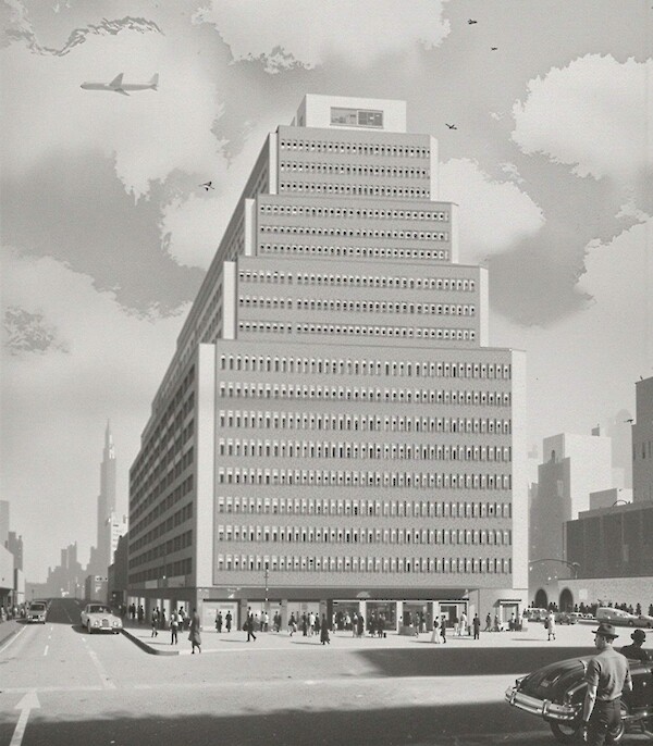 A historical black and white rendering of 260 Madison Avenue, an office building in Midtown Manhattan, showing its classic setback architecture.