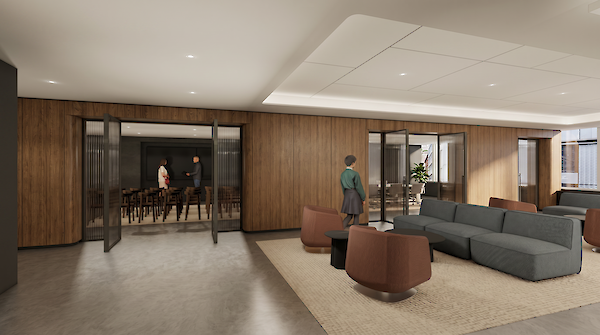 Modern tenant lounge and conference center on the second floor of 260 Madison, featuring wood-paneled walls, contemporary lounge seating, and glass-door meeting rooms.